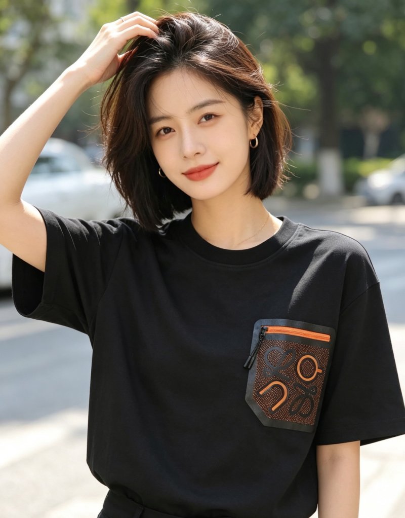 Black Short Sleeve T-Shirt with Monogram Pocket Detail