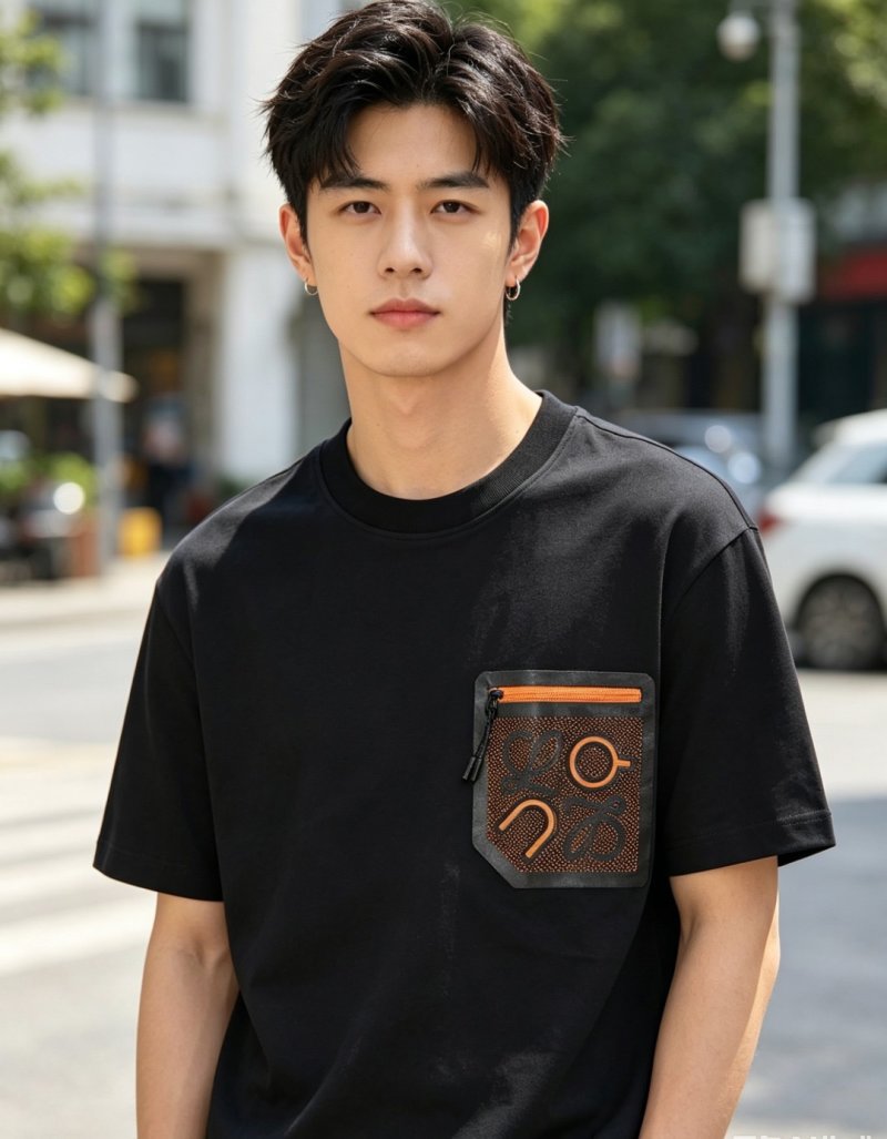 Black Short Sleeve T-Shirt with Monogram Pocket Detail view