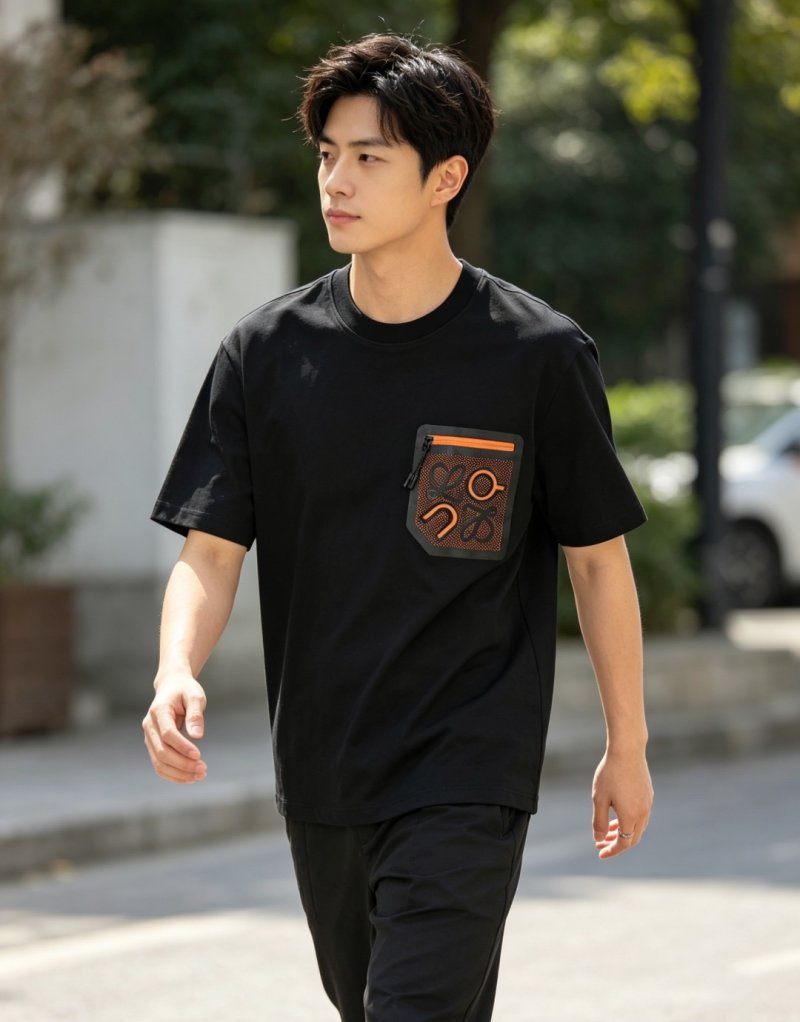 Black Short Sleeve T-Shirt with Monogram Pocket Detail view