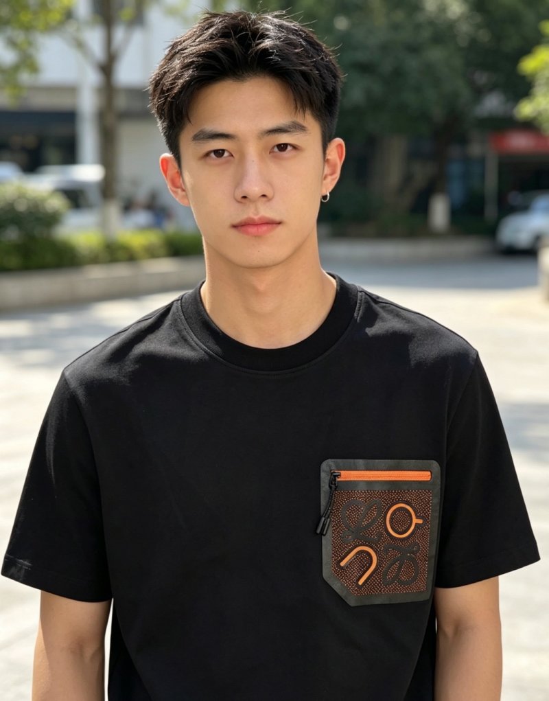 Black Short Sleeve T-Shirt with Monogram Pocket Detail view