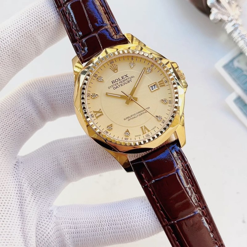 Rolex Oyster Perpetual DateJust Gold Dial Leather Strap Watch