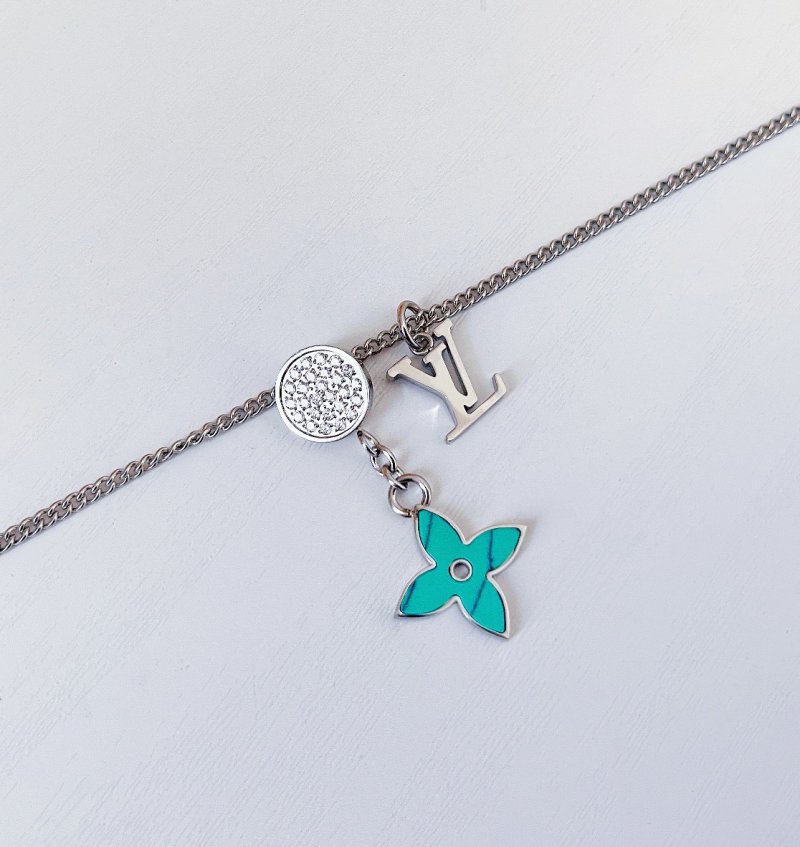 LV Opal Monogram Flower Charm Necklace Silver