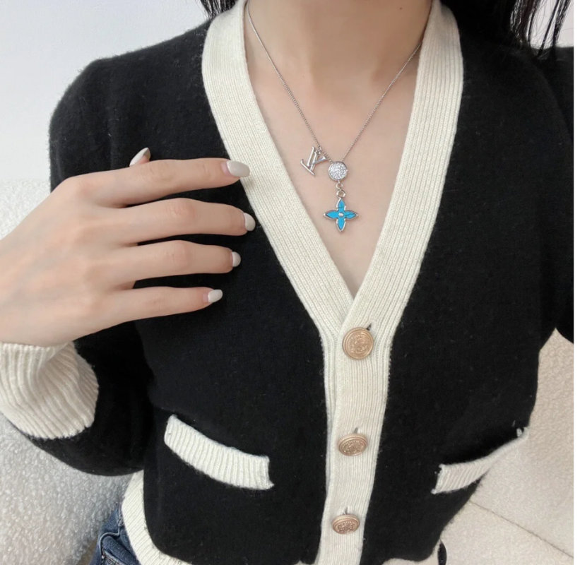 LV Opal Monogram Flower Charm Necklace Silver view