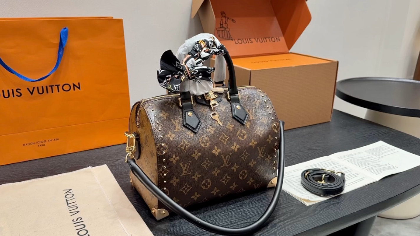 Louis Vuitton Speedy Monogram Studded Handbag Brown