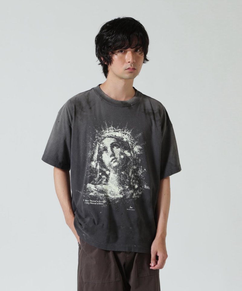 Distressed Vintage Religious Portrait Graphic T-Shirt Black