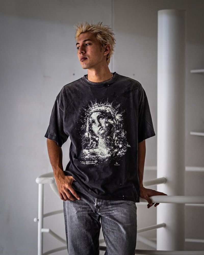 Distressed Vintage Religious Portrait Graphic T-Shirt Black view