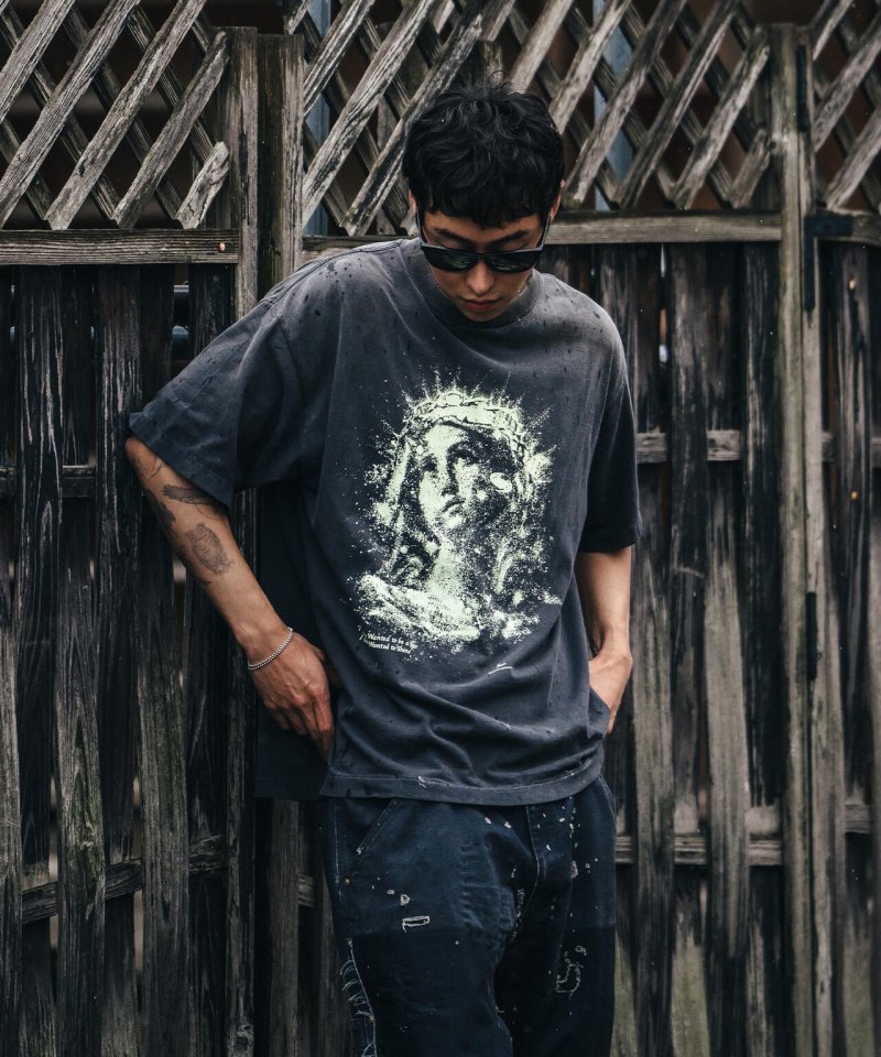 Distressed Vintage Religious Portrait Graphic T-Shirt Black view