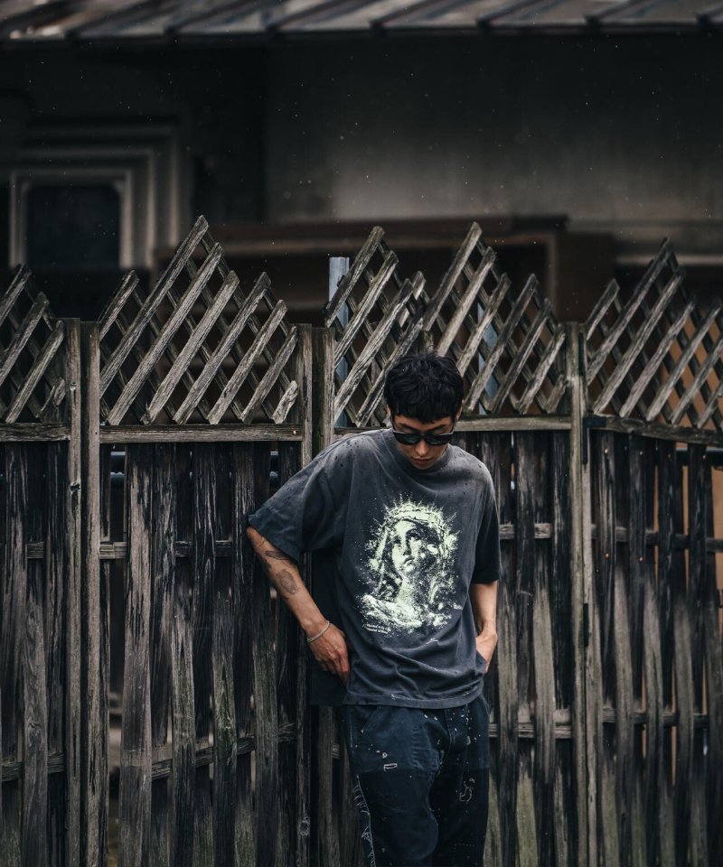 Distressed Vintage Religious Portrait Graphic T-Shirt Black view