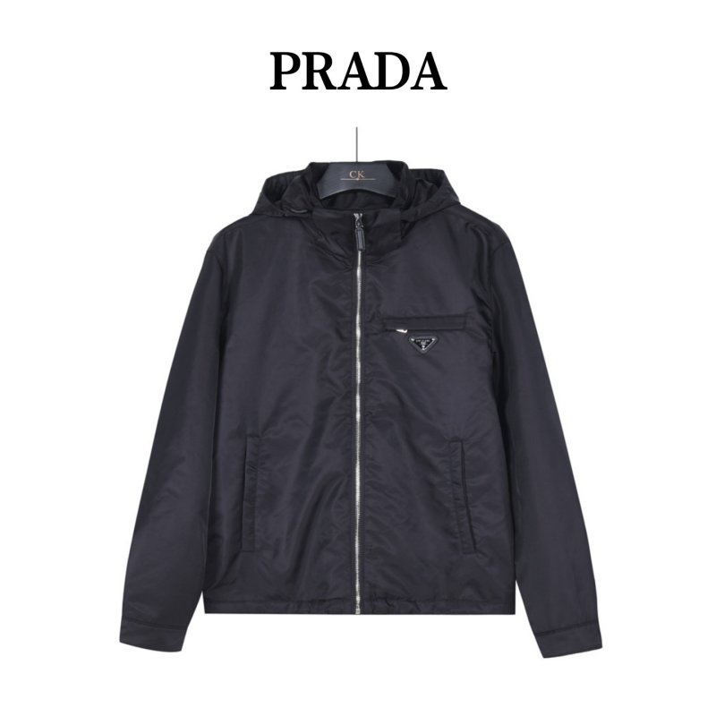 Prada 26SS Chest Zip Pocket Hooded Windbreaker Jacket Black