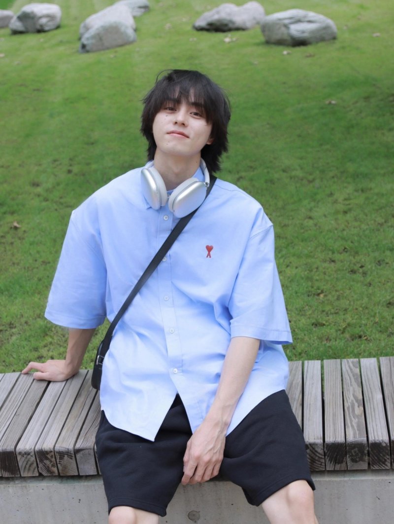 Ami Light Blue Short-Sleeve Button-Up Shirt