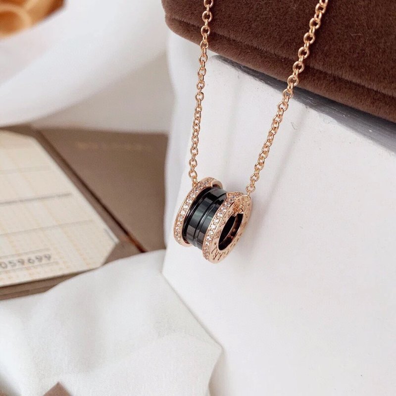 Bulgari Black Ceramic Diamond Rose Gold Pendant Necklace