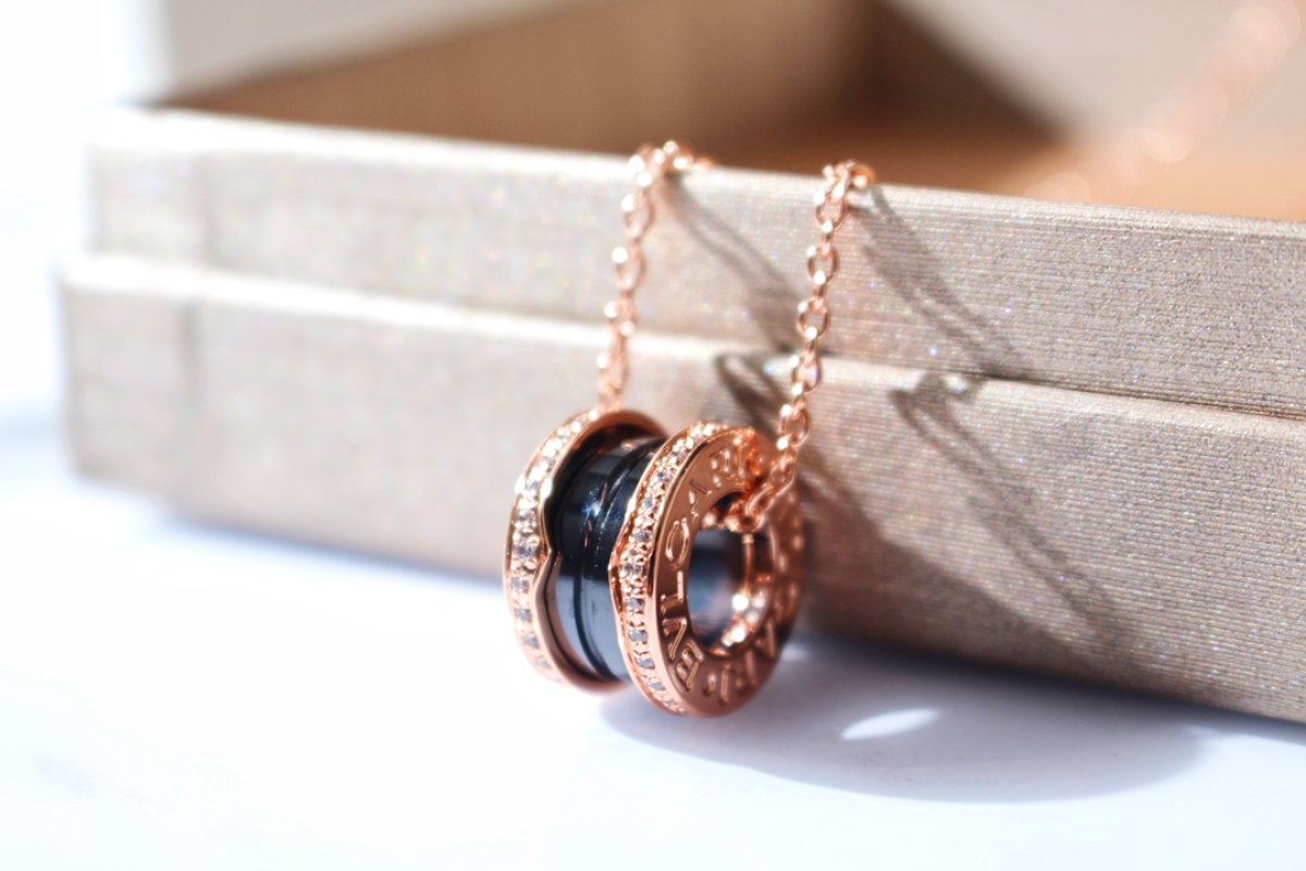 Bulgari Black Ceramic Diamond Rose Gold Pendant Necklace view