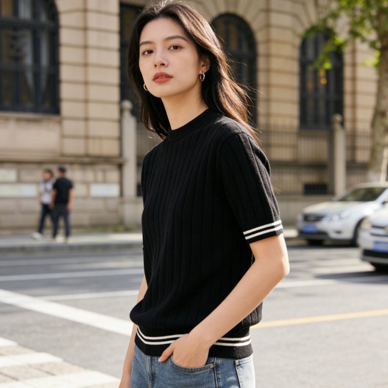 Black Ribbed Short Sleeve T-Shirt with Stripe Trim