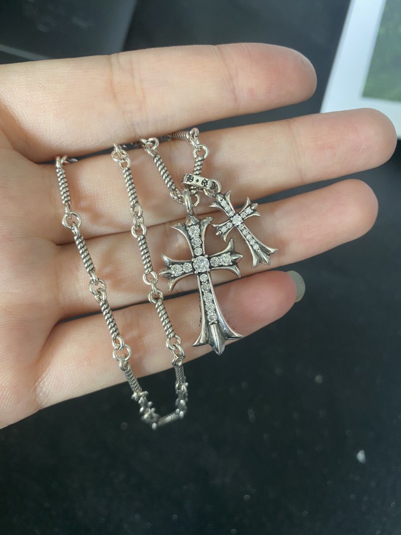 Chrome Hearts Cross Diamond Pendant Silver Chain Necklace