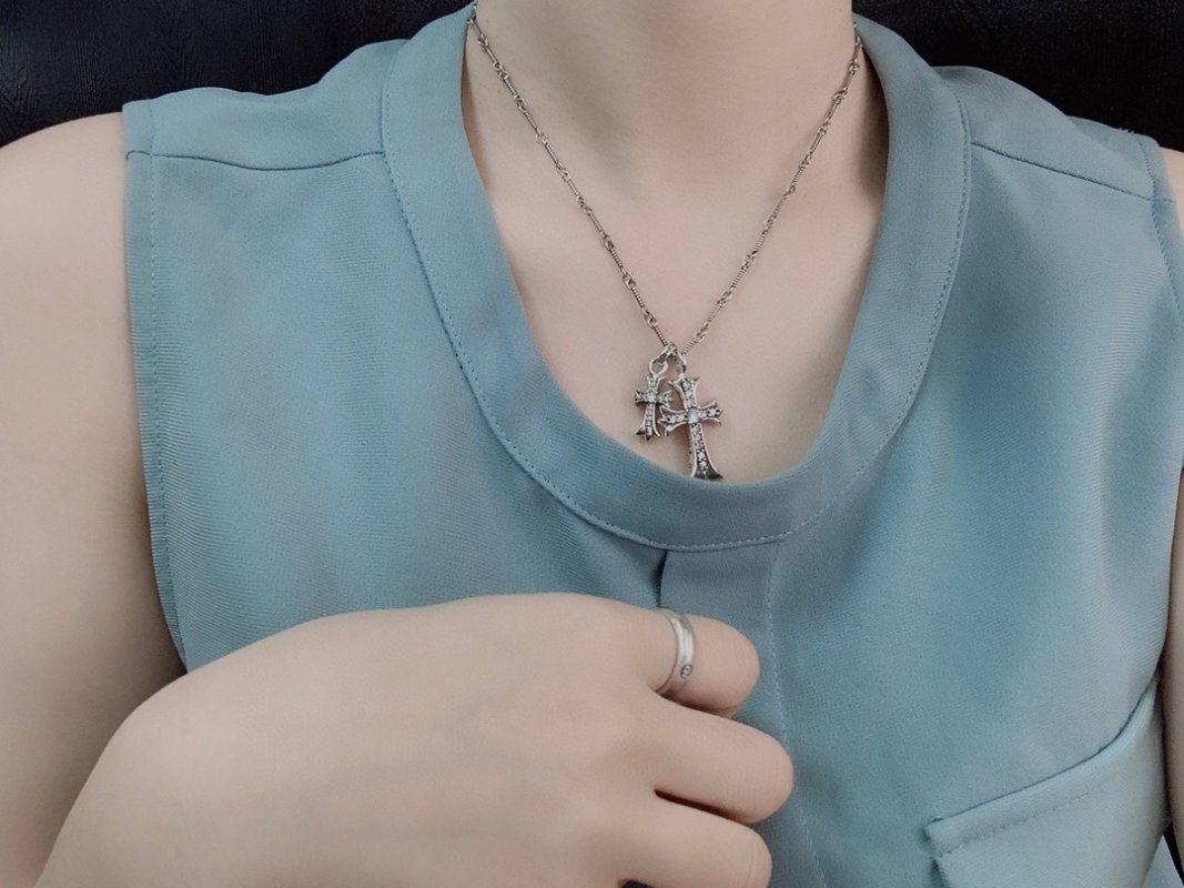 Chrome Hearts Cross Diamond Pendant Silver Chain Necklace view