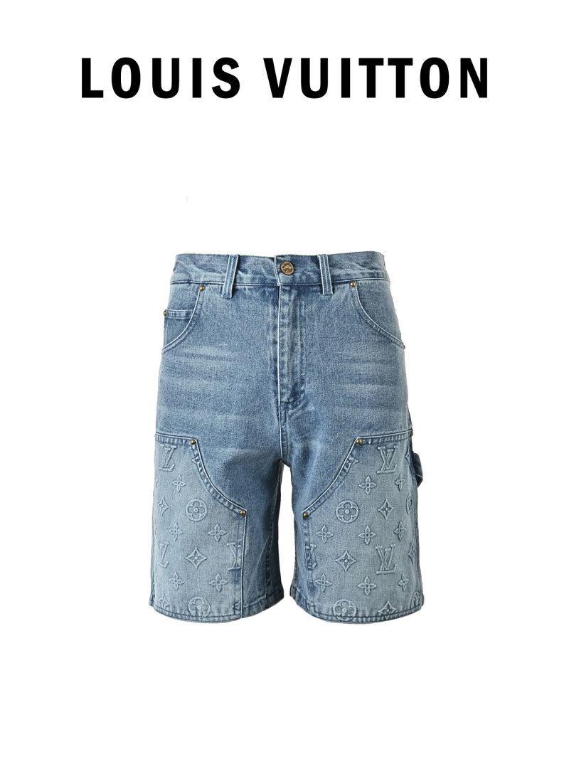 Blue Denim Shorts with Monogram Print view