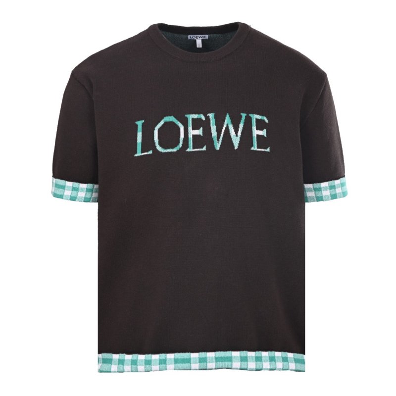 Loewe Brown Logo T-Shirt with Green Checkered Sleeves view