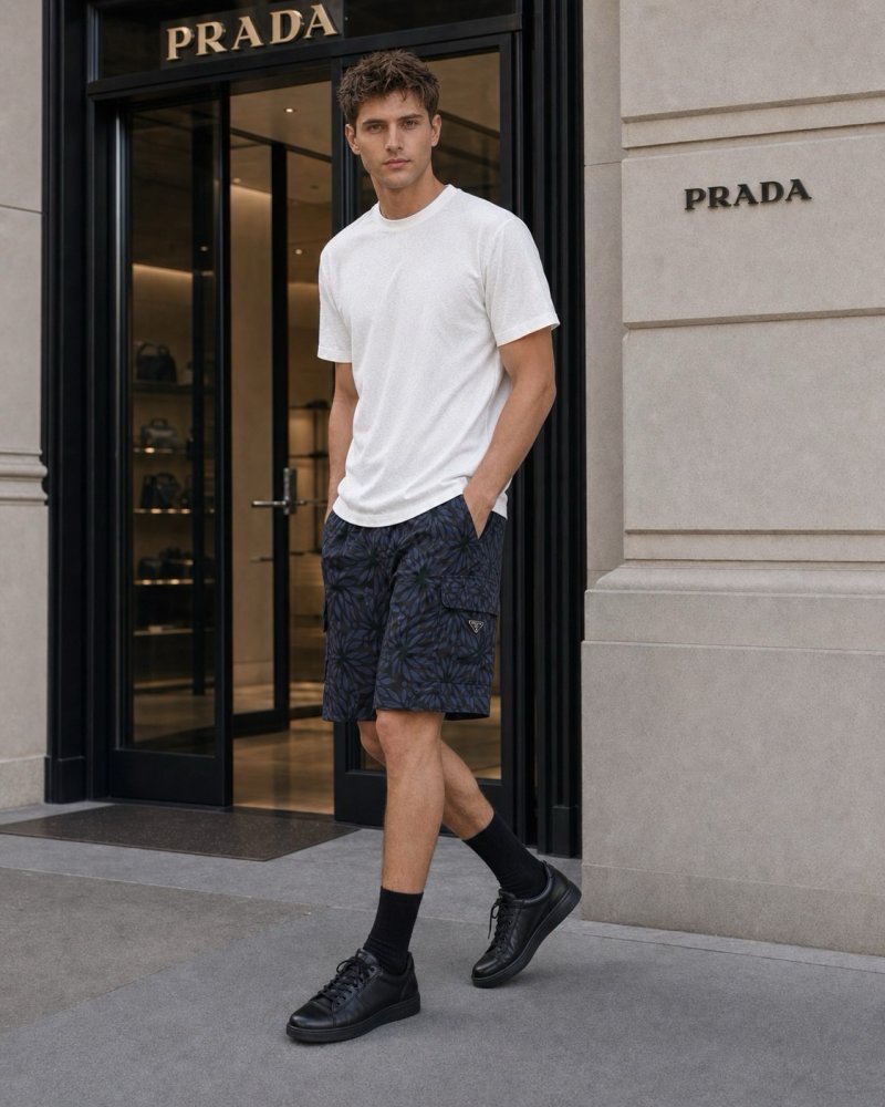 Prada Navy Leaf Print Shorts
