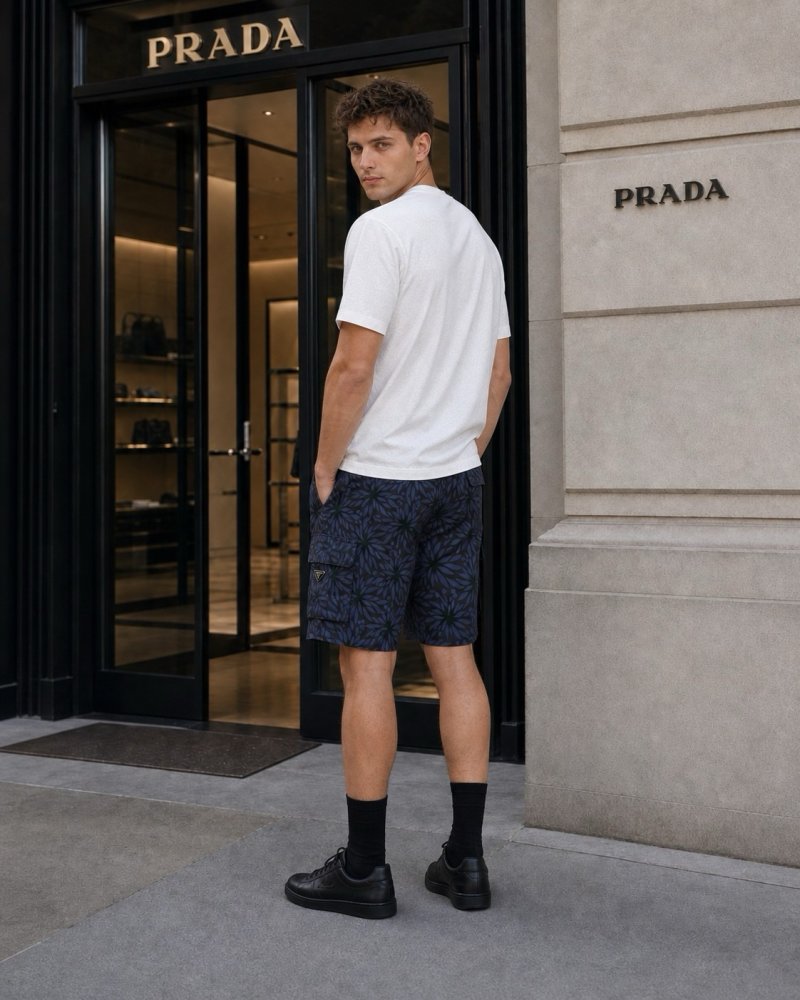 Prada Navy Leaf Print Shorts view