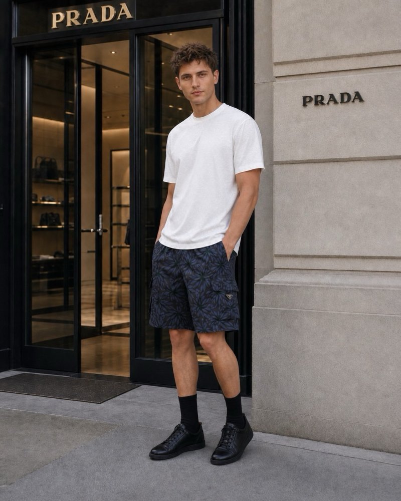 Prada Navy Leaf Print Shorts view