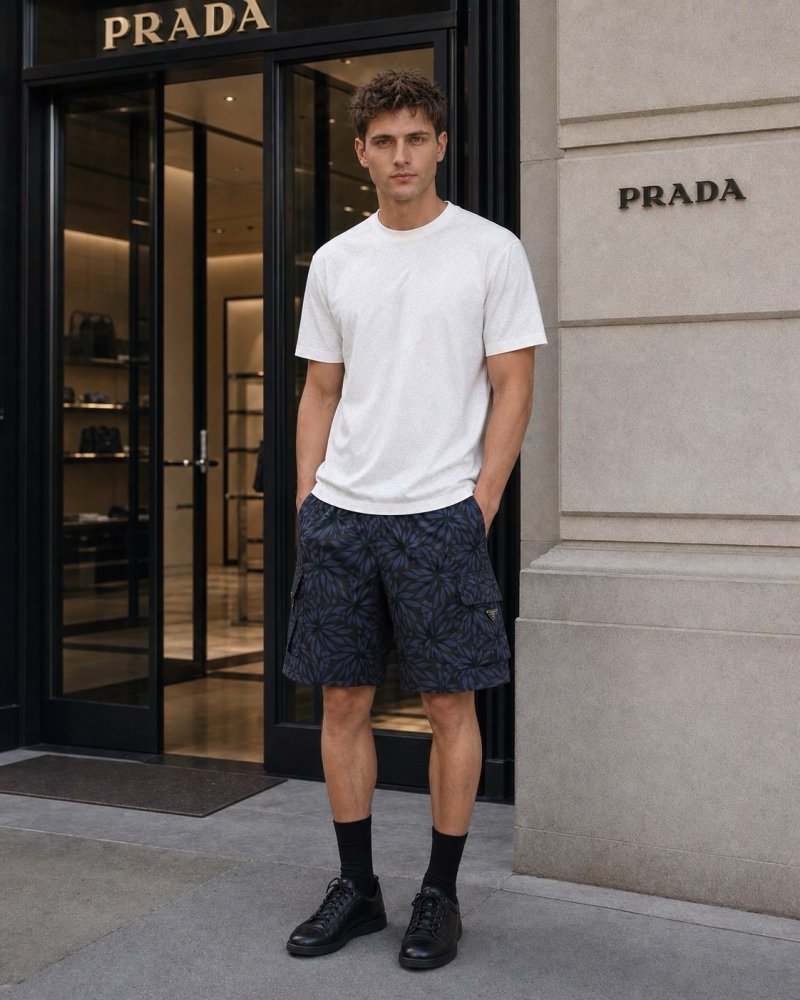 Prada Navy Leaf Print Shorts view
