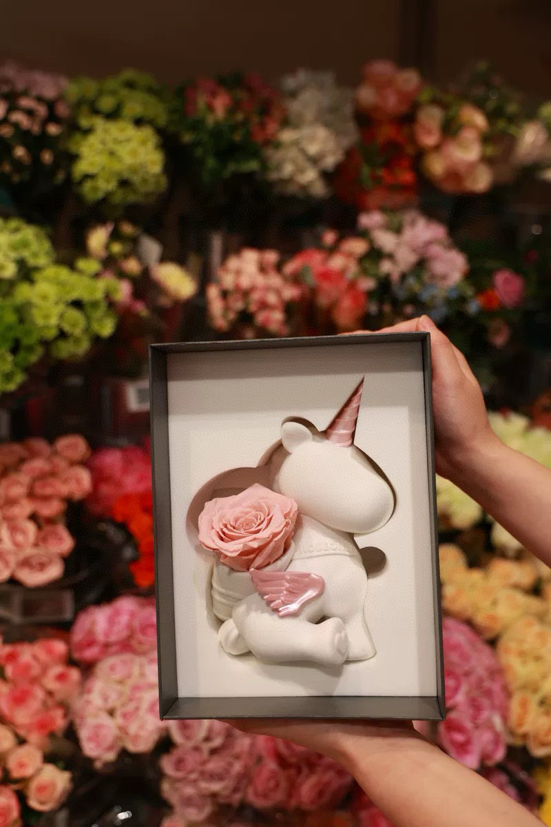 Sweetheart Unicorn Eternal Flower Figurine - White & Pink view