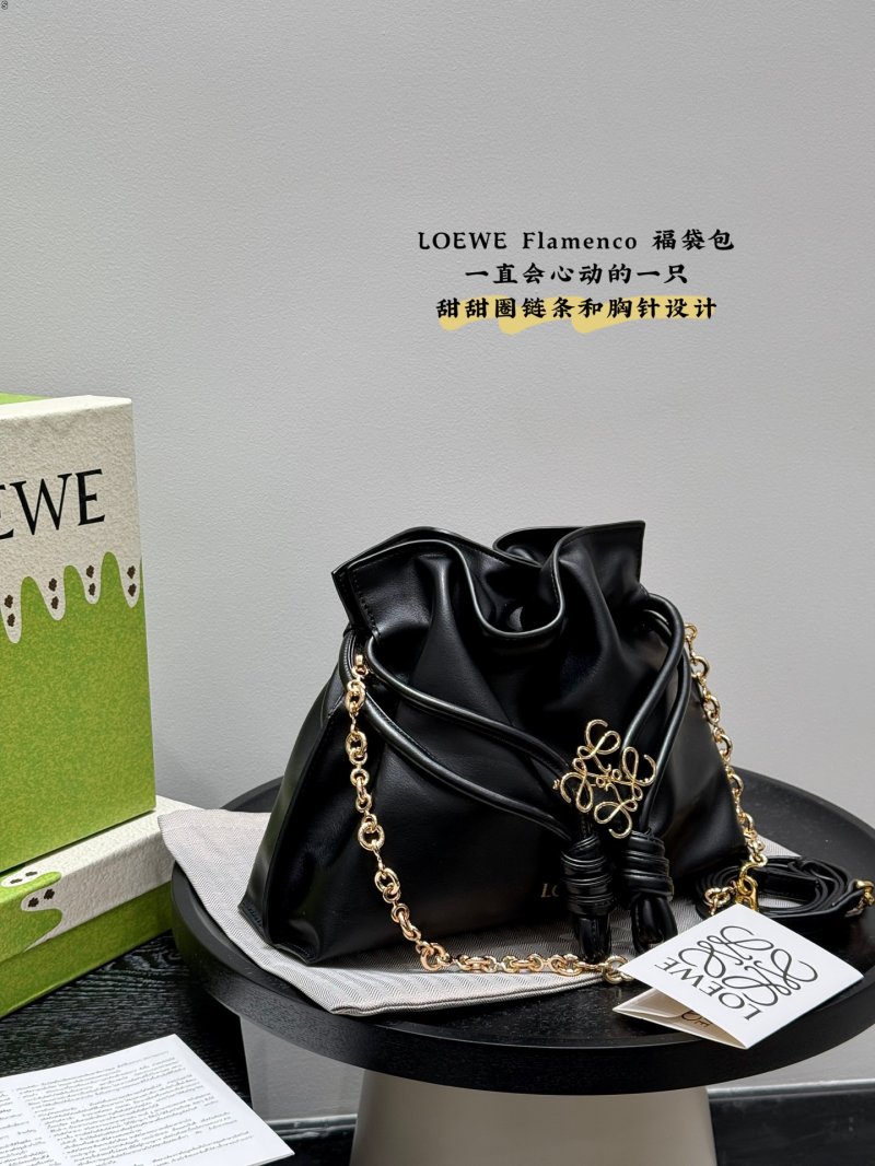 Loewe Flamenco Purse Black Leather Bucket Bag Gold Chain