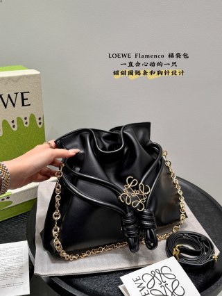 Loewe Flamenco Purse Black Leather Bucket Bag Gold Chain view 4
