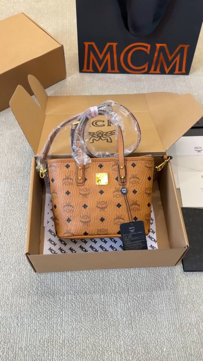MCM Cognac Monogram Tote Bag with Gold Hardware
