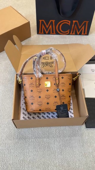 MCM Cognac Monogram Tote Bag with Gold Hardware