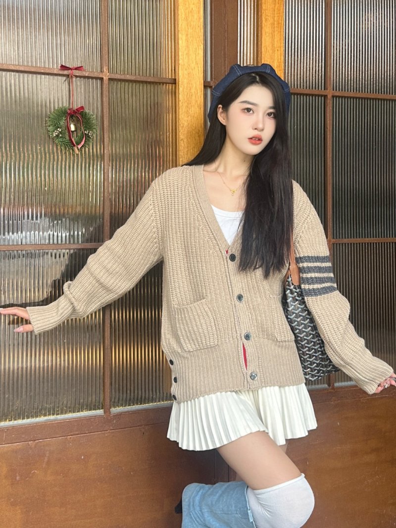 Beige Ribbed Knit Cardigan with Stripe Detail
