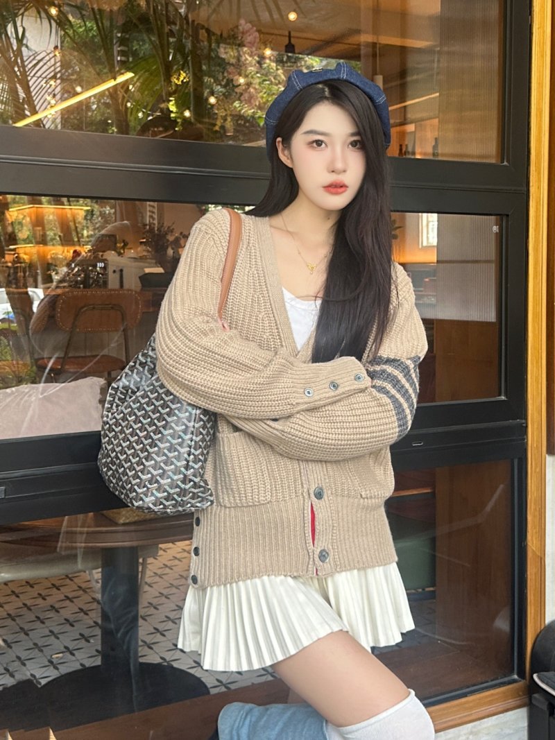 Beige Ribbed Knit Cardigan with Stripe Detail view