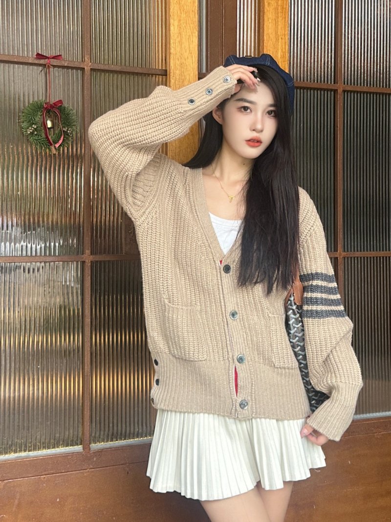 Beige Ribbed Knit Cardigan with Stripe Detail view