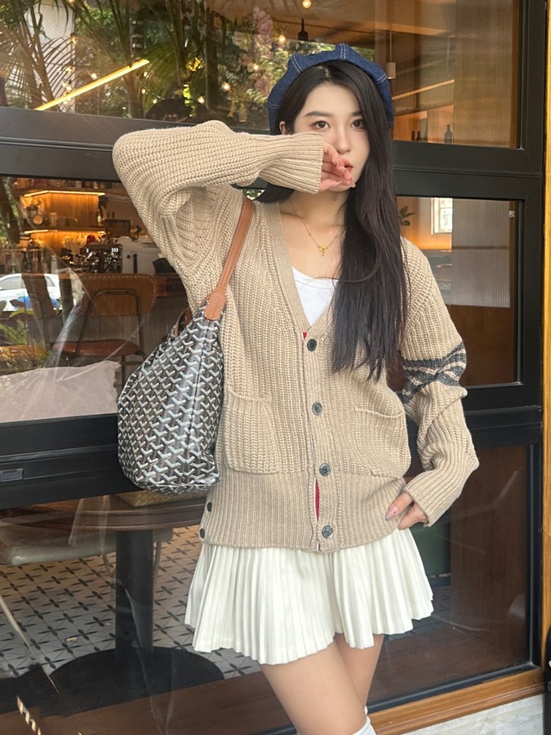 Beige Ribbed Knit Cardigan with Stripe Detail view