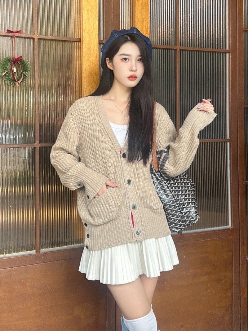 Beige Ribbed Knit Cardigan with Stripe Detail view