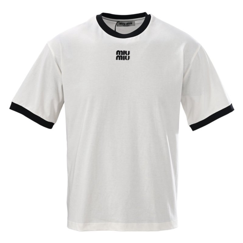 Miu Miu Contrast Collar Logo Embroidered T-Shirt White Black