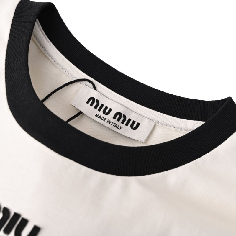Miu Miu Contrast Collar Logo Embroidered T-Shirt White Black view