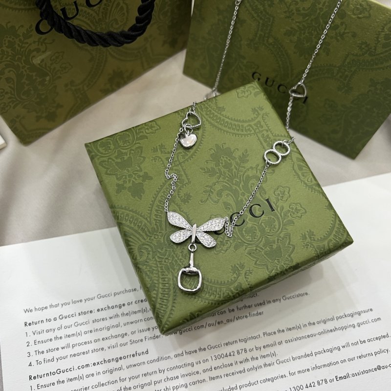 Gucci Butterfly Silver Necklace with Crystal Pendant