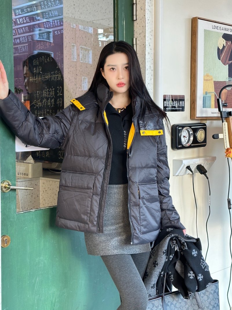 Black Quilted Down Puffer Jacket with Yellow Straps