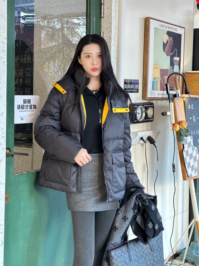 Black Quilted Down Puffer Jacket with Yellow Straps view
