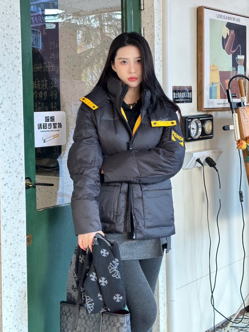 Black Quilted Down Puffer Jacket with Yellow Straps view
