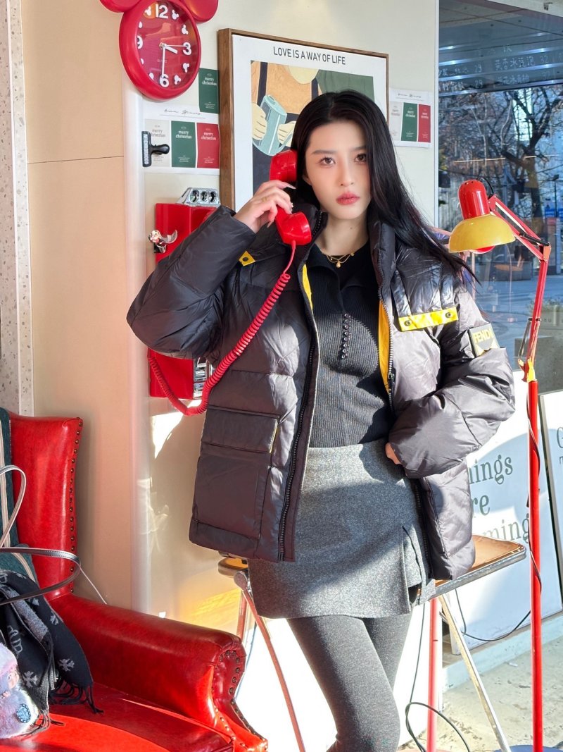 Black Quilted Down Puffer Jacket with Yellow Straps view