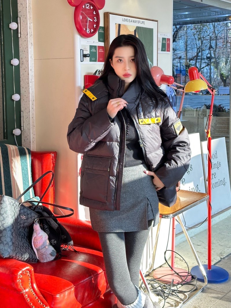 Black Quilted Down Puffer Jacket with Yellow Straps view