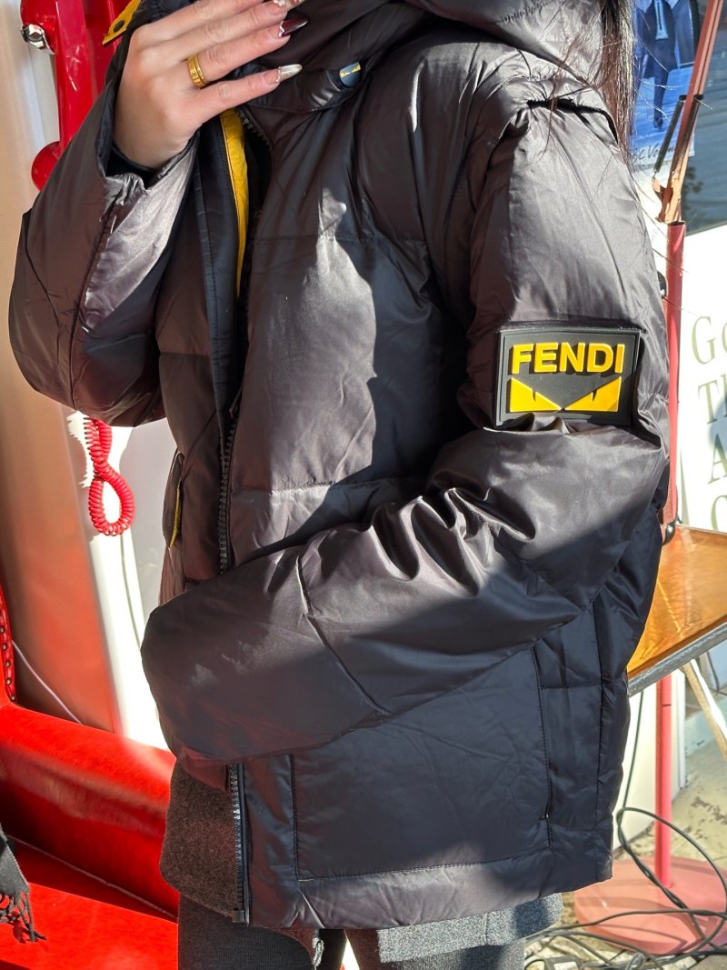 Black Quilted Down Puffer Jacket with Yellow Straps view