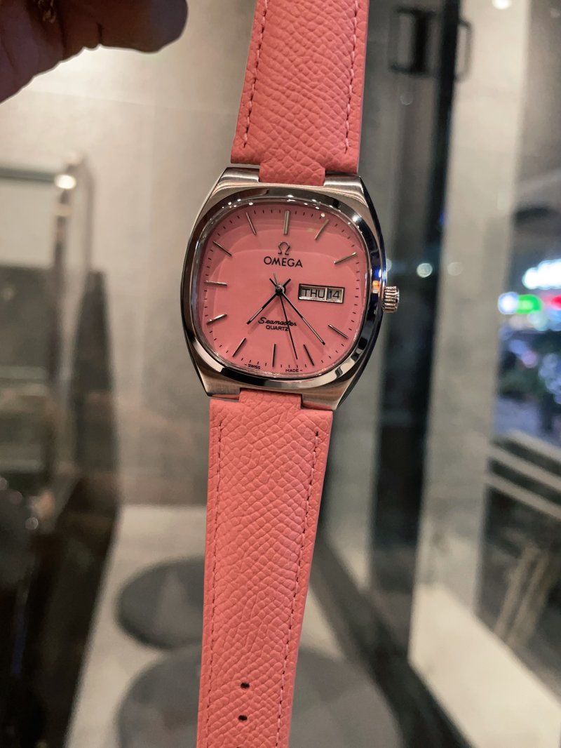 Omega Seamaster Pink Dial Leather Strap Watch view