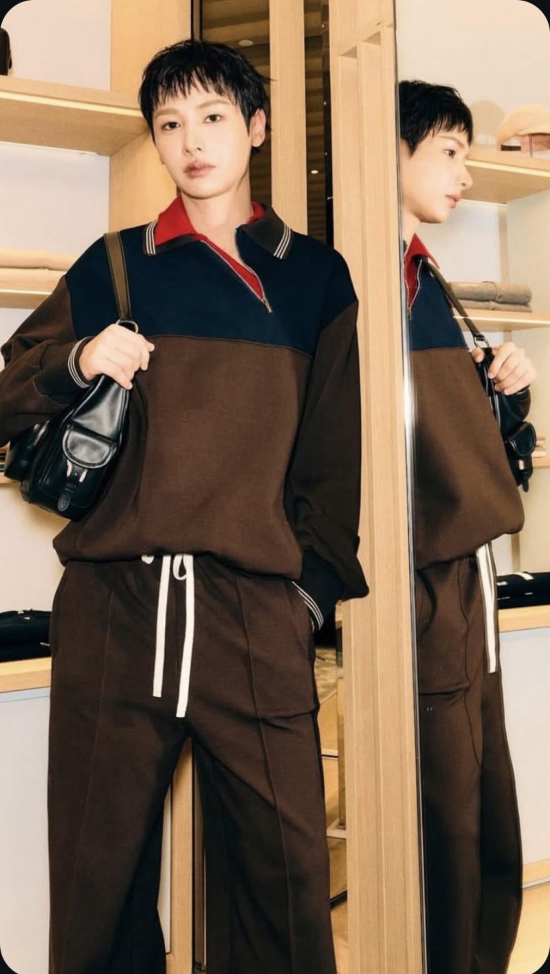 Navy & Brown Color-Block Track Jacket with Striped Trim view