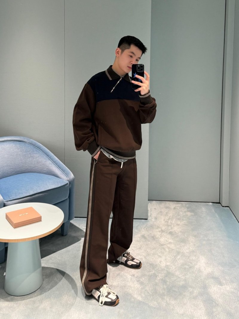 Navy & Brown Color-Block Track Jacket with Striped Trim view