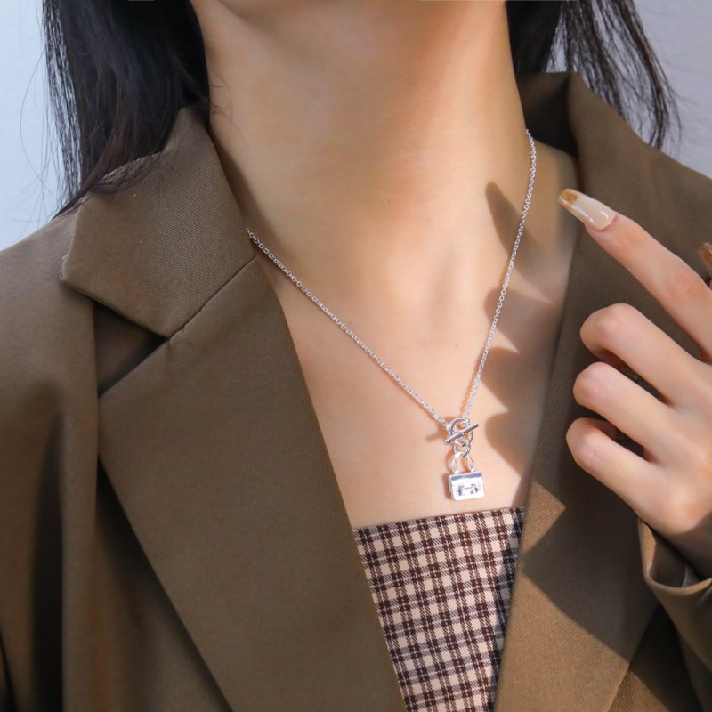 Silver-Tone Lock & Chain Pendant Necklace
