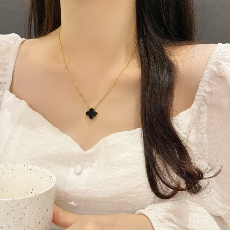 Gold Four-Leaf Clover Black Onyx Pendant Necklace view
