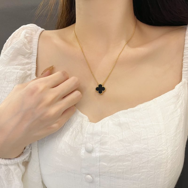 Gold Four-Leaf Clover Black Onyx Pendant Necklace view